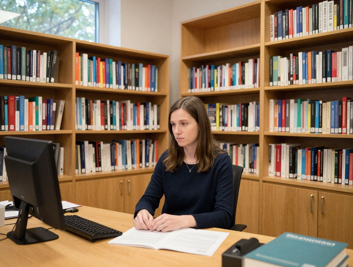 Blick in einen hellen, ruhigen Leseraum mit Holzregalen voller Bücher, einem grossen Fenster mit Tageslicht und einem leeren Holzschreibtisch, der die Atmosphäre eines akademischen Wissenszentrums vermittelt