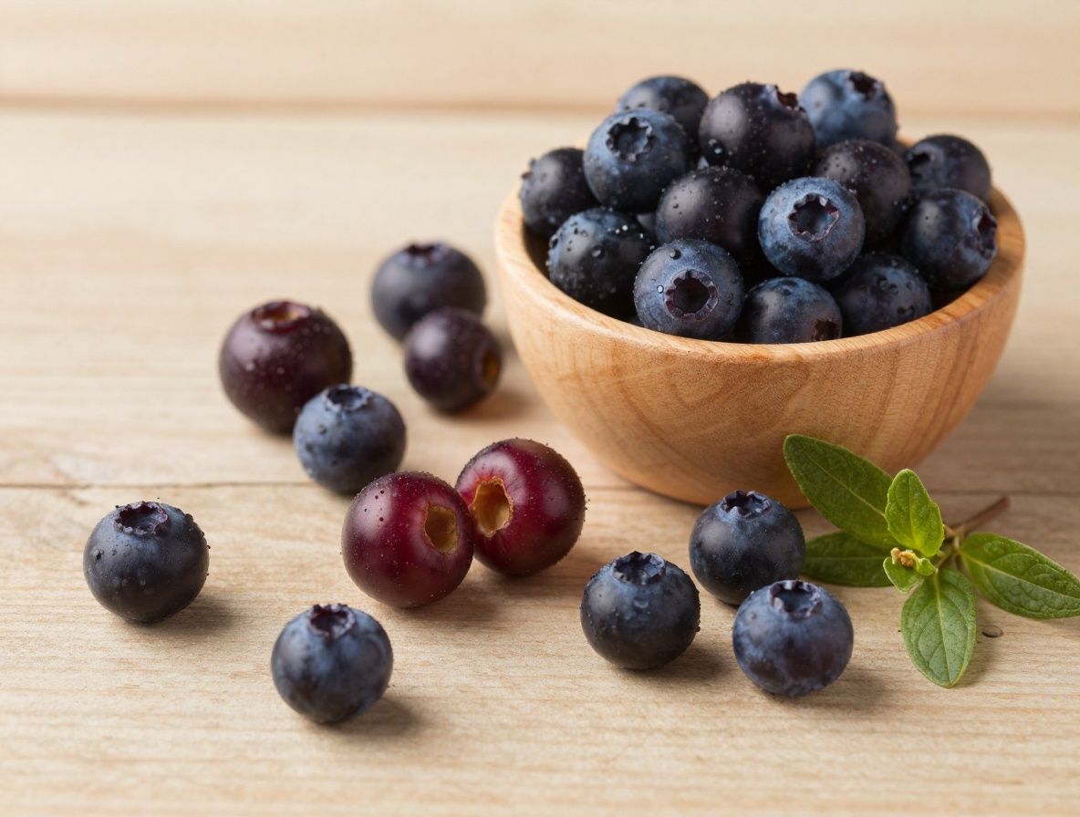 Frische dunkle Beeren, Heidelbeeren und Brombeeren in einer Holzschüssel auf einem rustikalen Tisch, daneben Granatapfelkerne und grüne Teeblätter, Symbole für natürliche Antioxidantien