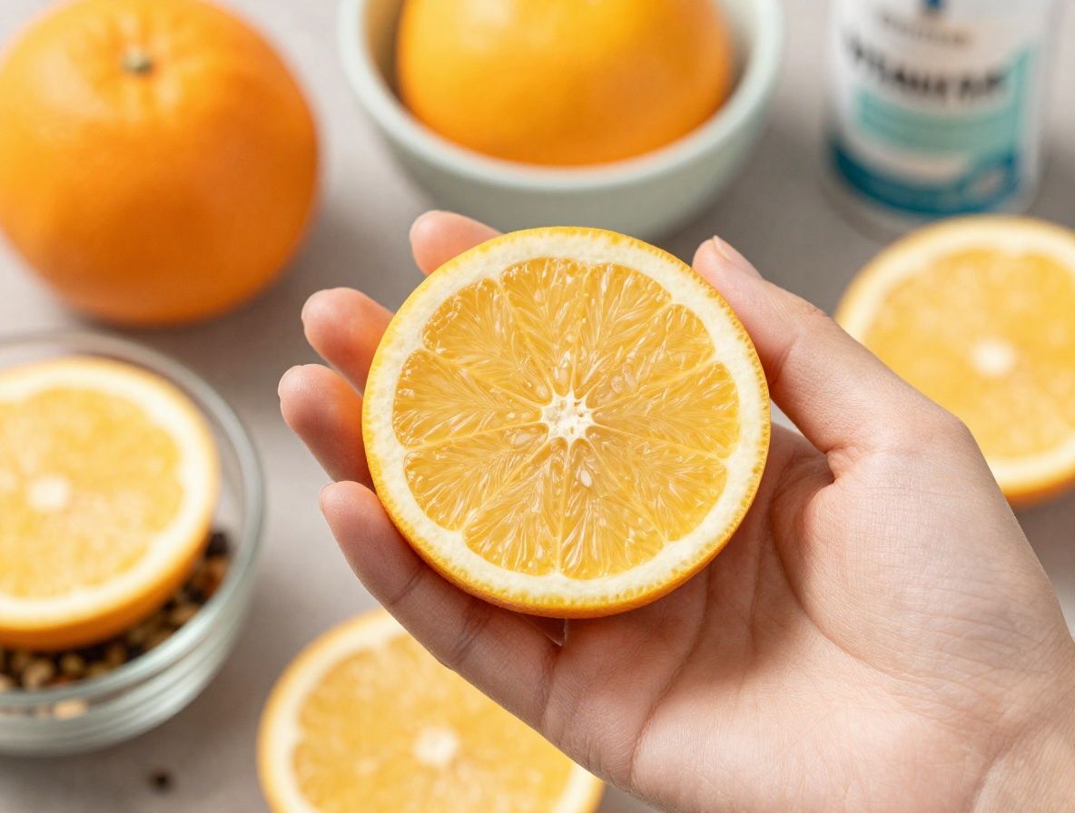 Nahaufnahme einer Frauenhand, die frische Zitrusfruchtscheiben hält, im Hintergrund unscharf eine Schüssel mit bunten Gemüsesorten und Kräutern, Darstellung von Vitamin C und natürlichen Kollagenbausteinen