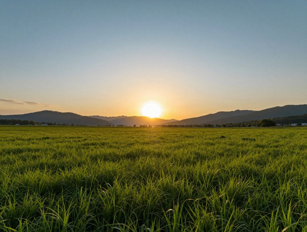 Weitläufige Berglandschaft bei Sonnenaufgang mit goldenem Morgenlicht auf einer grünen Alpenwiese, das Energie und natürliche Vitalität symbolisiert