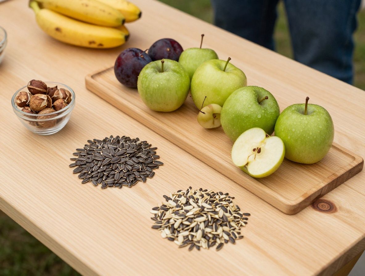Draufsicht auf einen Holztisch mit frischen Früchten, Nüssen, Leinsamen, grünen Kräutern und kleinen Schüsseln mit Körnern, die natürliche Nährstoffquellen darstellen
