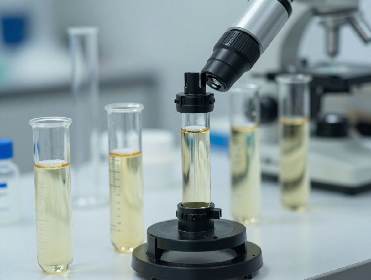 Wissenschaftliche Laborumgebung mit verschiedenen Glasgefässen, die klare und farbige Flüssigkeiten enthalten, und einem unscharfen Mikroskop im Hintergrund, symbolisiert kosmetische Forschung und Inhaltsstoffanalyse